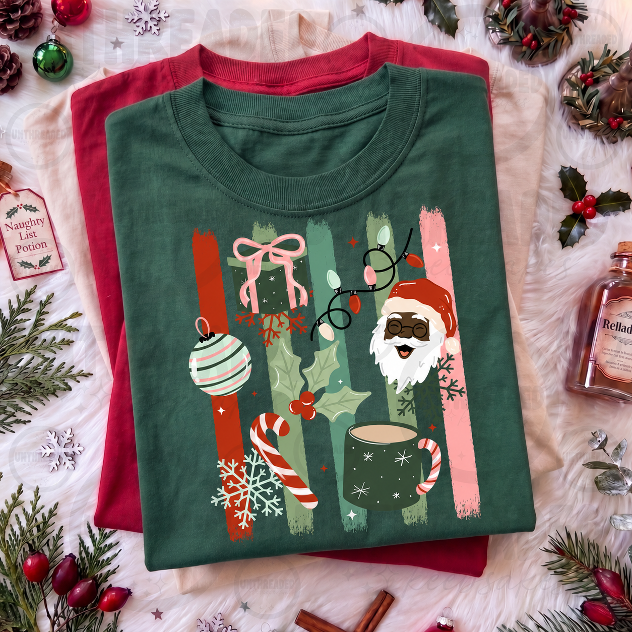 Santa Christmas Graphic T-Shirt – Festive Holiday Lights & Cocoa Tee