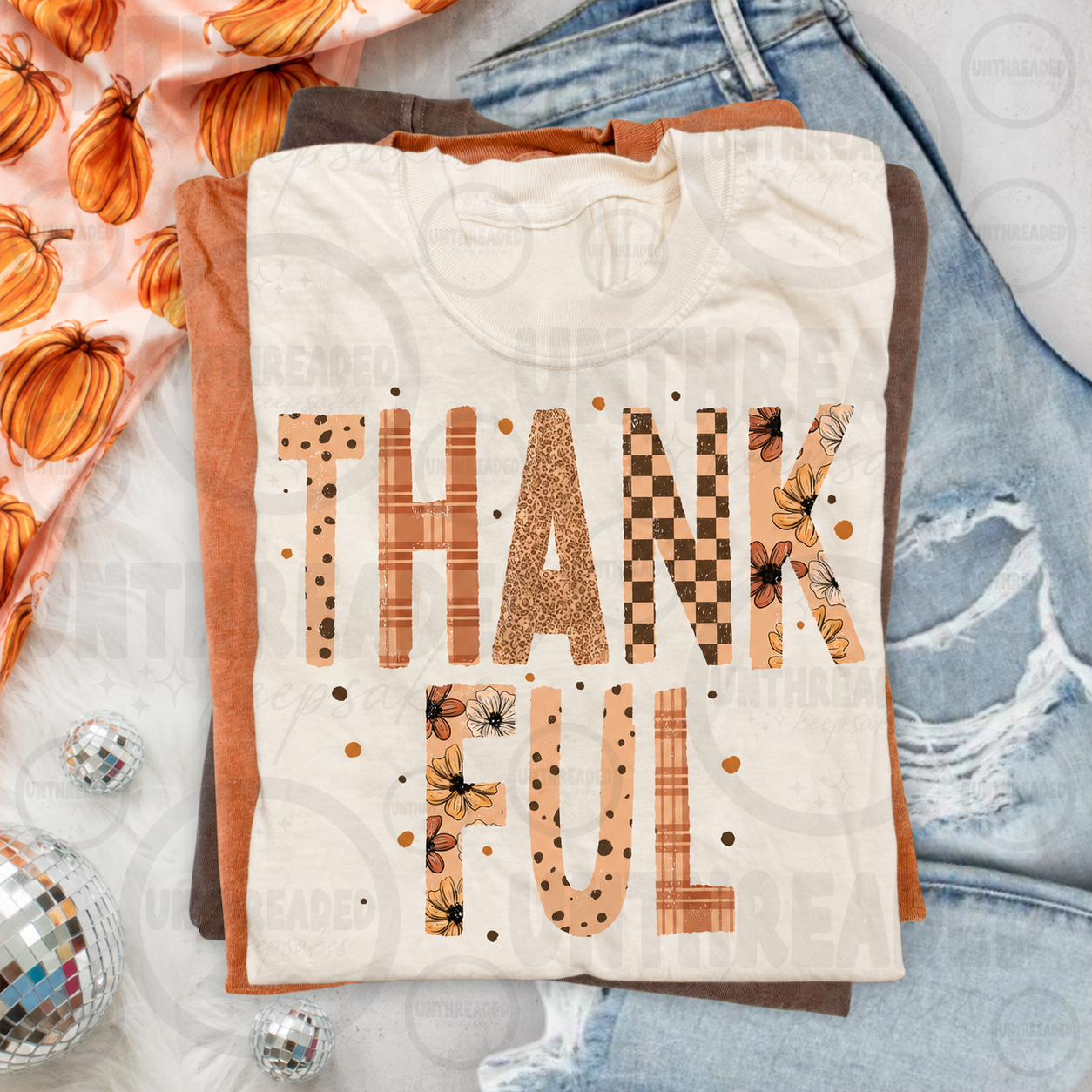 Thankful Patterned Letters Thanksgiving Graphic T-Shirt – Retro Fall Tee