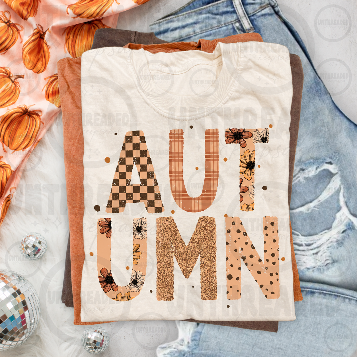 Autumn Patterned Letters Graphic T-Shirt – Retro Fall Tee