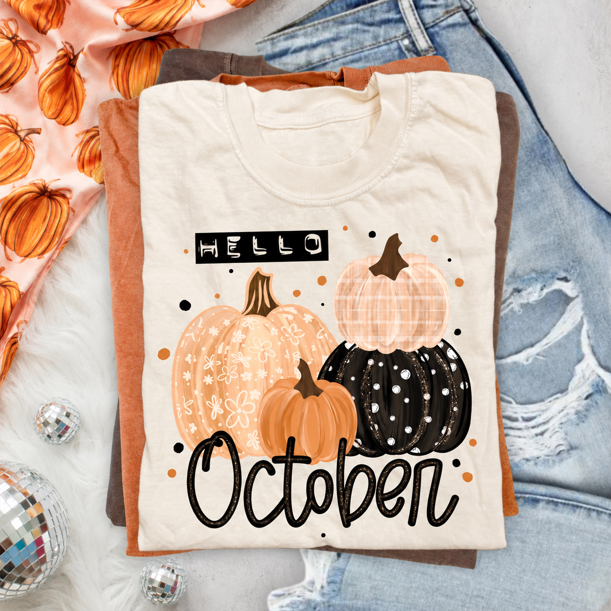 Hello October Pumpkin Graphic T-Shirt – Cute Fall Seasonal Tee