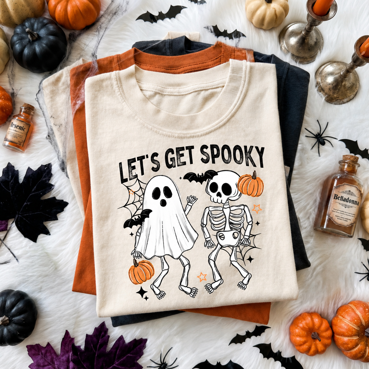 Let’s Get Spooky Ghost and Skeleton Halloween Graphic Shirt