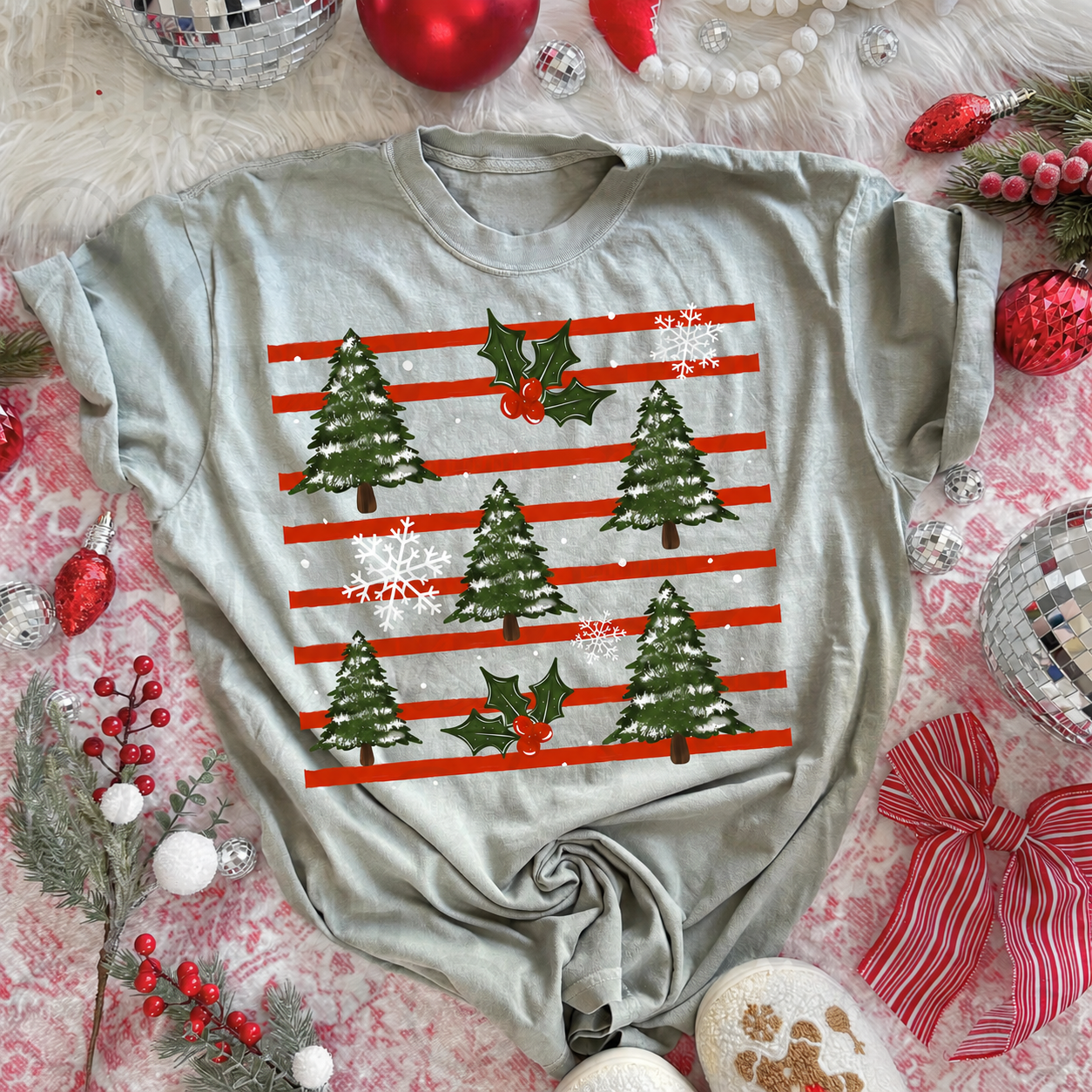 Snowy Christmas Trees and Holly Graphic Shirt
