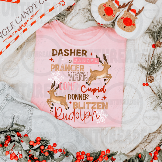 Santa’s Reindeer Names Christmas Graphic Shirt