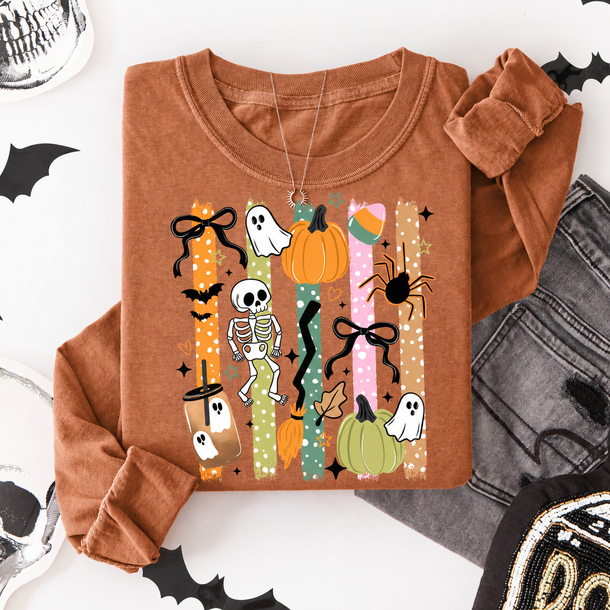 Cute Ghost Skeleton and Pumpkin Halloween Graphic Crewneck