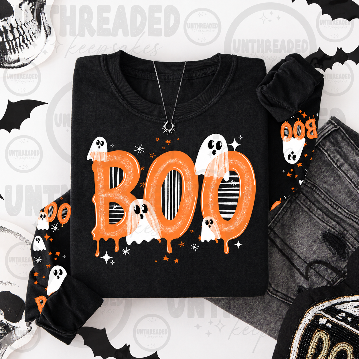 Boo Ghost with Sleeves Graphic Crewneck