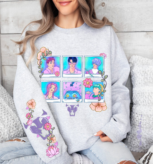 🌸 Pastel Anime Grid Crewneck Sweatshirt | Soft Aesthetic Character Pullover