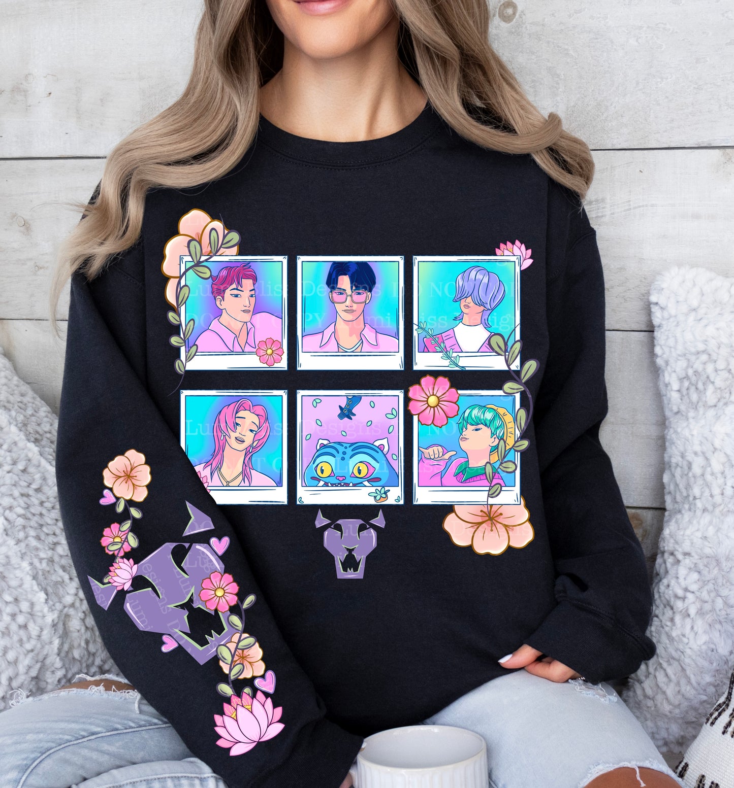 🌸 Pastel Anime Grid Crewneck Sweatshirt | Soft Aesthetic Character Pullover