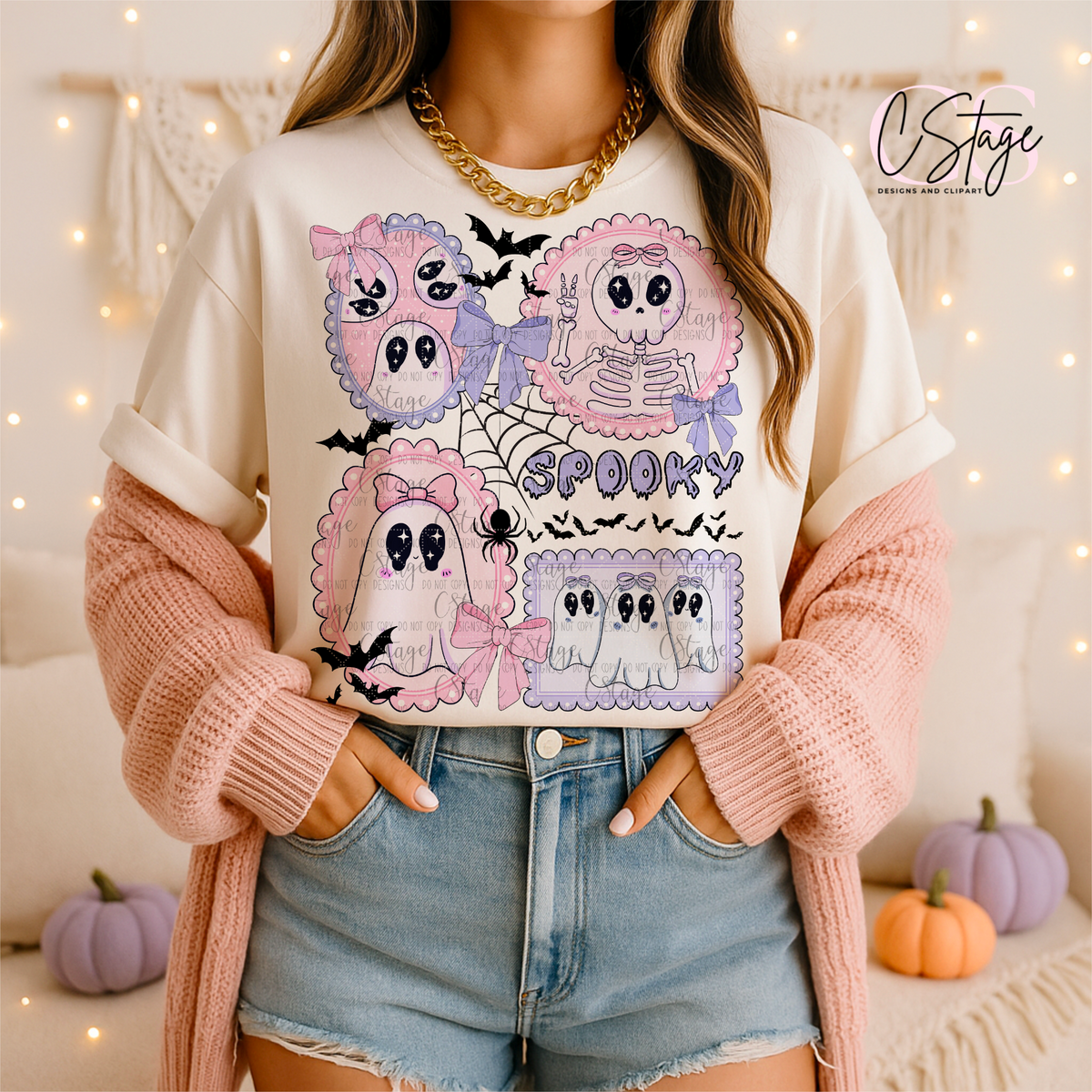 Pastel Spooky Ghosts Halloween Graphic T-Shirt | Pink & Lavender Cute Ghost Tee