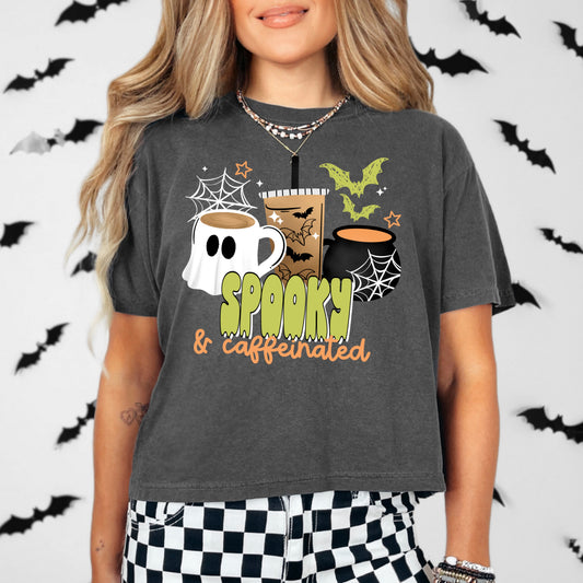 Spooky & Caffeinated Halloween Graphic T-Shirt | Cute Ghost Coffee Lover Tee | Fall Graphic Shirt