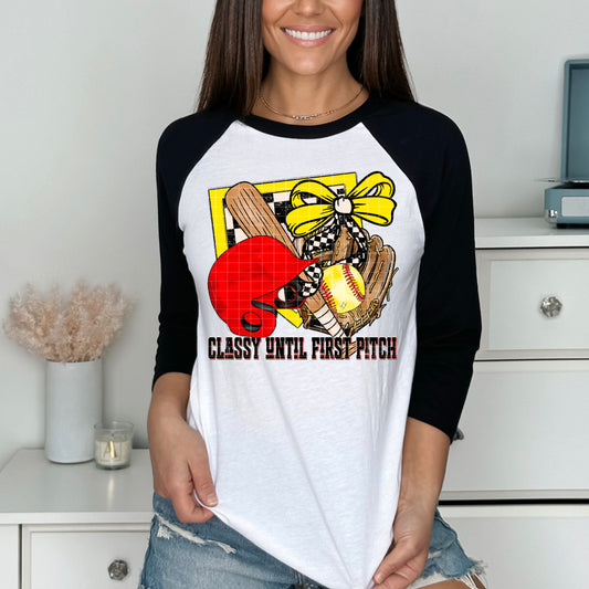 Classy Until First Pitch Softball Raglan Tee | Softball Mom Shirt | Fastpitch Graphic Tee | Softball Game Day Shirt | Softball Player Gift