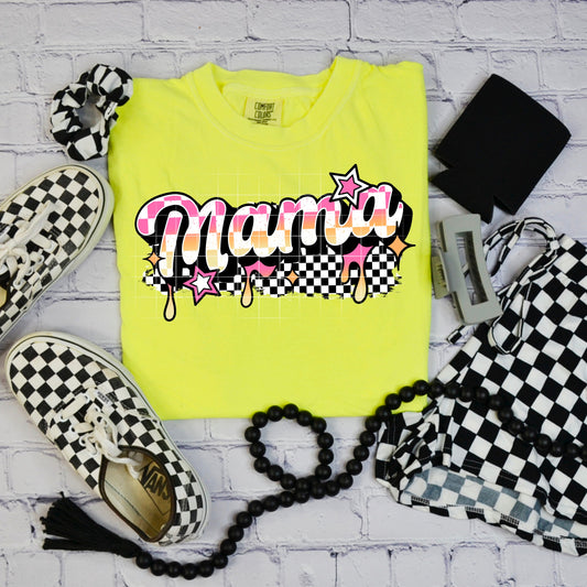 Mama Drip – Checkered Print Yellow Graphic Tee