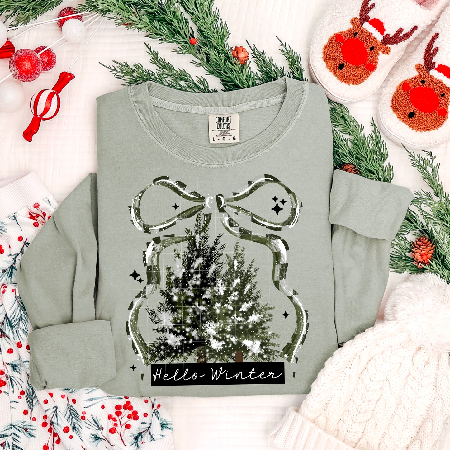 ❄️🎄 Hello Winter Christmas Tree Long Sleeve Shirt 🤍 Cozy Holiday Tee