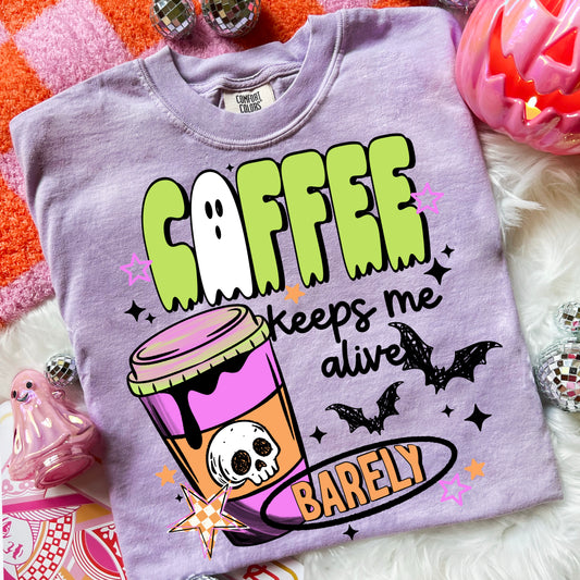 Coffee Keeps Me Alive Barely Halloween Shirt | Funny Spooky Coffee Lover Tee | Ghost Coffee Cup Graphic T-Shirt | Cute Fall Coffee Comfort Colors Tee