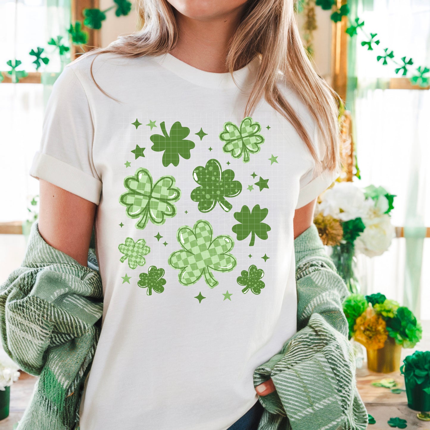 Shamrock Scatter Graphic T-Shirt – Festive Lucky Tee