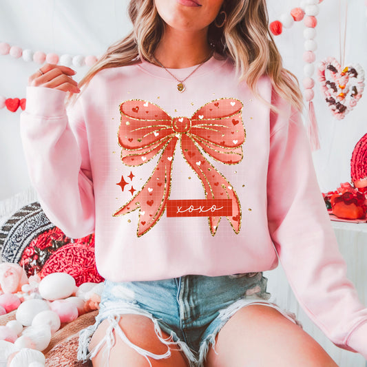 XOXO Bow Glitter Accents Graphic Crewneck