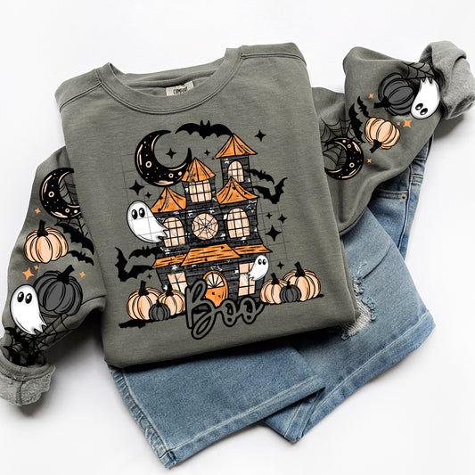 Haunted House BOO Sweatshirt – Ghosts, Pumpkins & Bats Halloween Pullover
