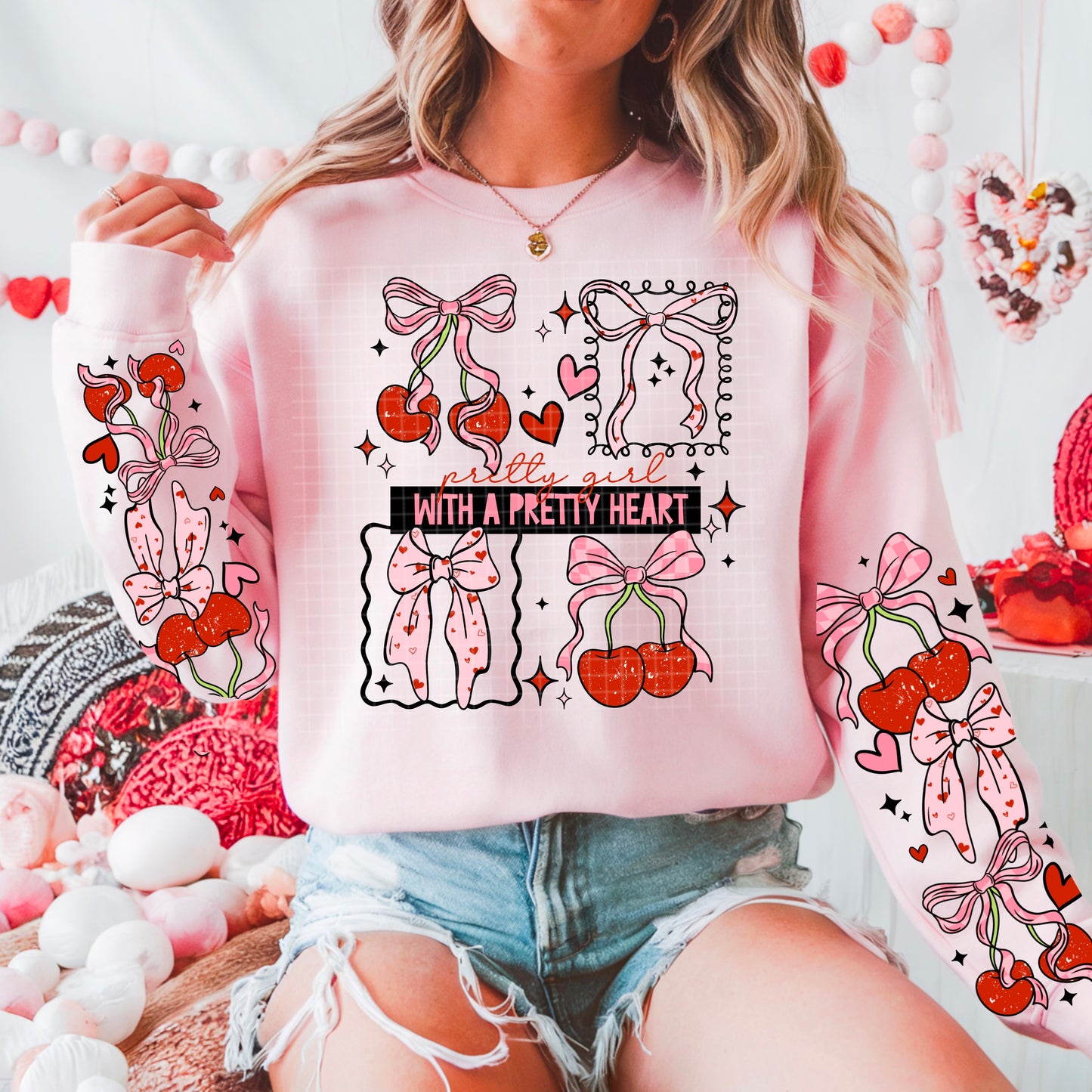 Pretty Girl With Pretty Heart and Sleeves  Graphic Crewneck