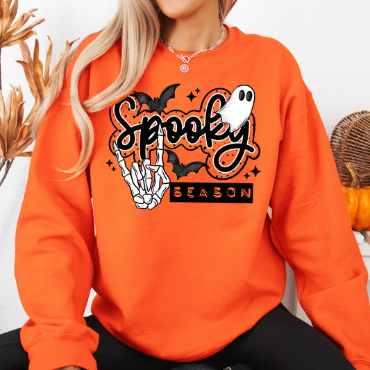 Spooky Season Skeleton Hand Sweatshirt | Cute Ghost Halloween Crewneck | Bat & Skeleton Rock Hand Pullover | Fall Graphic Sweatshirt | Halloween Gift for Her 👻🦇🧡