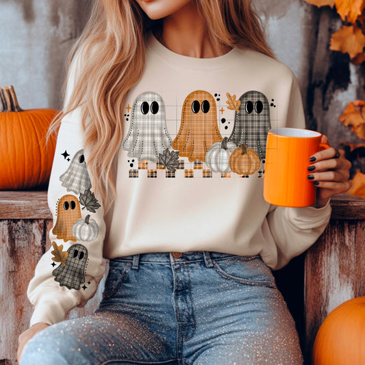 Plaid Ghosts & Pumpkins Sweatshirt – Cozy Spooky Season Fall Pullover