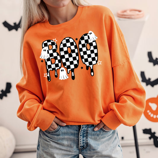 Boo Ghost Halloween Sweatshirt | Checkered Drip Boo Graphic Crewneck | Cute Spooky Season Pullover 👻🎃