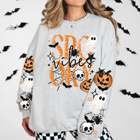 👻 Spooky Vibes Halloween Sweatshirt | Ghost & Pumpkin Graphic Crewneck | Cute Spooky Season Pullover | Fall Halloween Sweater 🕸️