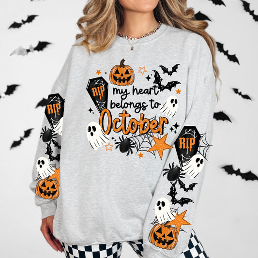 🎃 My Heart Belongs to October Halloween Sweatshirt | Ghost Pumpkin Graphic Crewneck | Spooky Season Fall Pullover | Cute Halloween Sweater