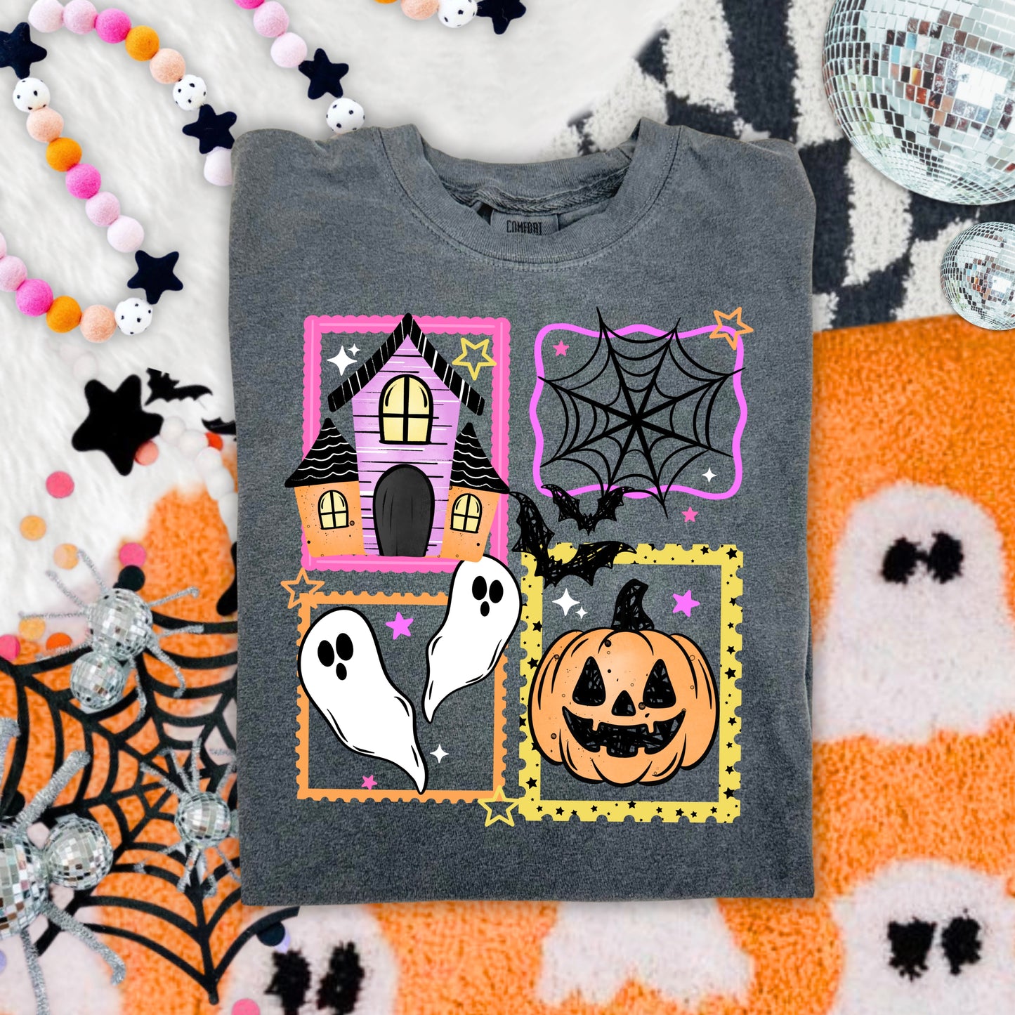 Spooky Halloween Ghost Pumpkin & Haunted House Graphic Tee
