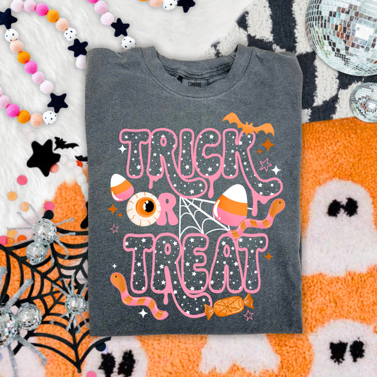 Trick or Treat Graphic Tee | Cute Halloween Shirt | Candy Corn Ghost T-Shirt | Spooky Season Graphic Tee | Fall Pumpkin Shirt | Women's Halloween Apparel | Unisex Tee