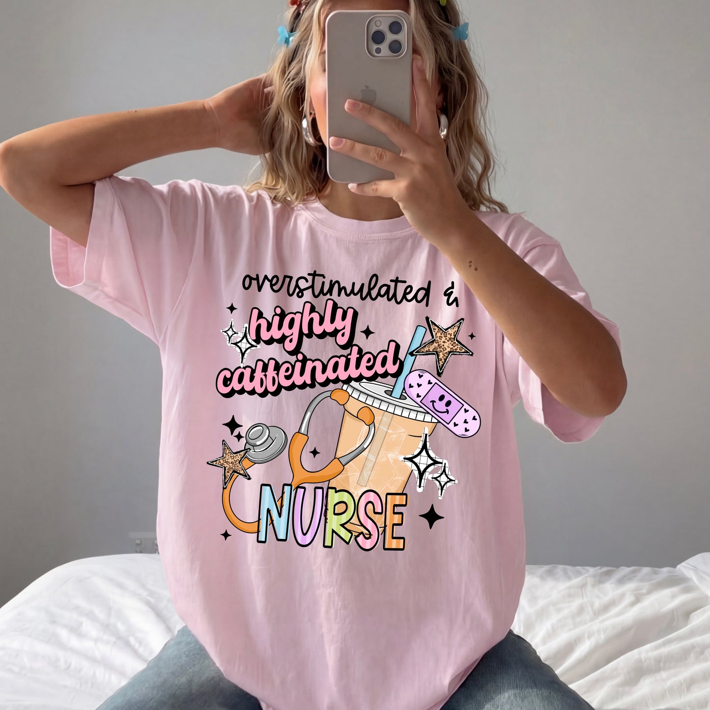 Overstimulated & Highly Caffeinated Nurse T-Shirt | Funny Nurse Graphic Tee | Healthcare Worker Shirt ☕🩺💕