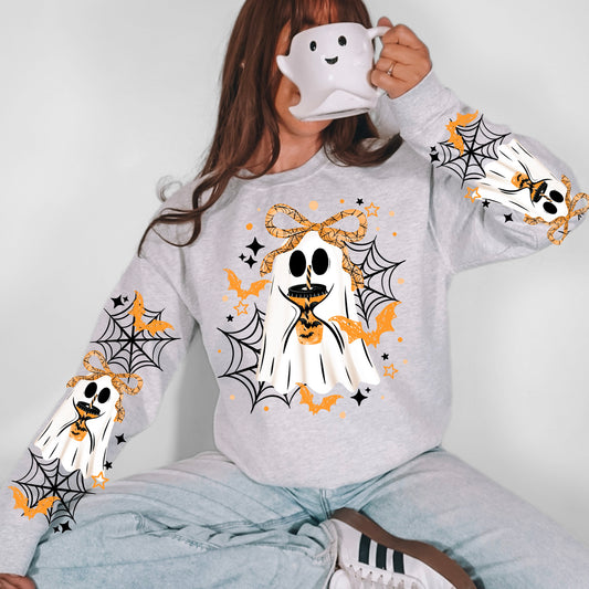 👻 Cute Ghost Halloween Sweatshirt | Spooky Ghost Graphic Crewneck | Bat & Spiderweb Fall Pullover | Halloween Ghost Sweater | Spooky Season Top