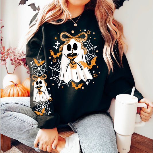 Ghost Holding Pumpkin Coffee Halloween Sweatshirt | Cute Ghost & Bats Sleeve Crewneck | Spooky Fall Sweatshirt | Halloween Ghost Crewneck | Cozy Autumn Pullover | Trick or Treat Sweatshirt | Halloween Gift 👻🎃🦇