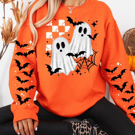 Cute Ghost Halloween Sweatshirt | Bat Sleeve Halloween Crewneck | Spooky Ghost Sweatshirt | Cozy Fall Halloween Pullover | Cute Ghost & Bats Crewneck | Matching Family Halloween Sweatshirt | Orange Halloween Crew 👻🦇🎃