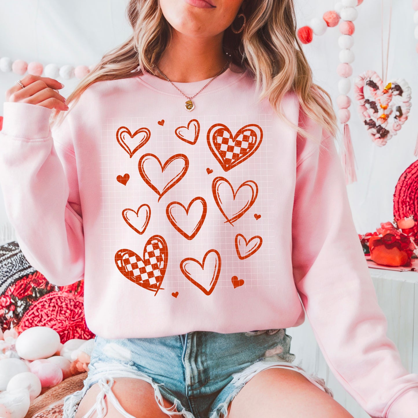 💗 Pink Heart Pattern Valentine Sweatshirt 💕 Cute Love Graphic Pullover