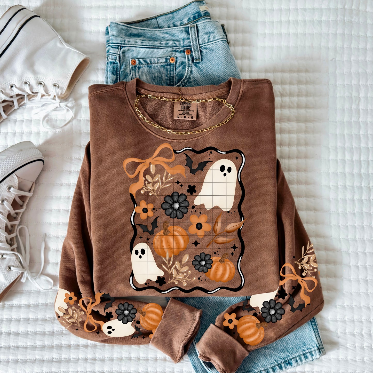 ✨ Cute Fall Ghost & Pumpkin Floral Sleeve Sweatshirt 🍂👻🖤