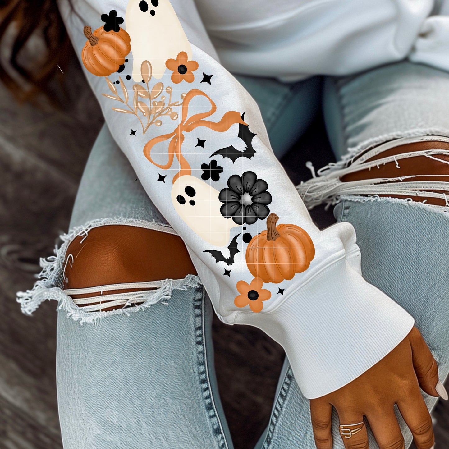 ✨ Fall Ghost Pumpkin Floral Sleeve Sweatshirt 🍂👻🧡