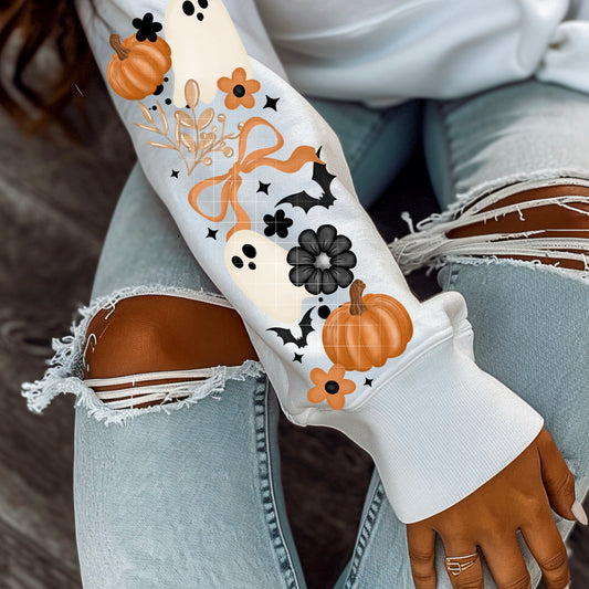 ✨ Fall Ghost Pumpkin Floral Sleeve Sweatshirt 🍂👻🧡