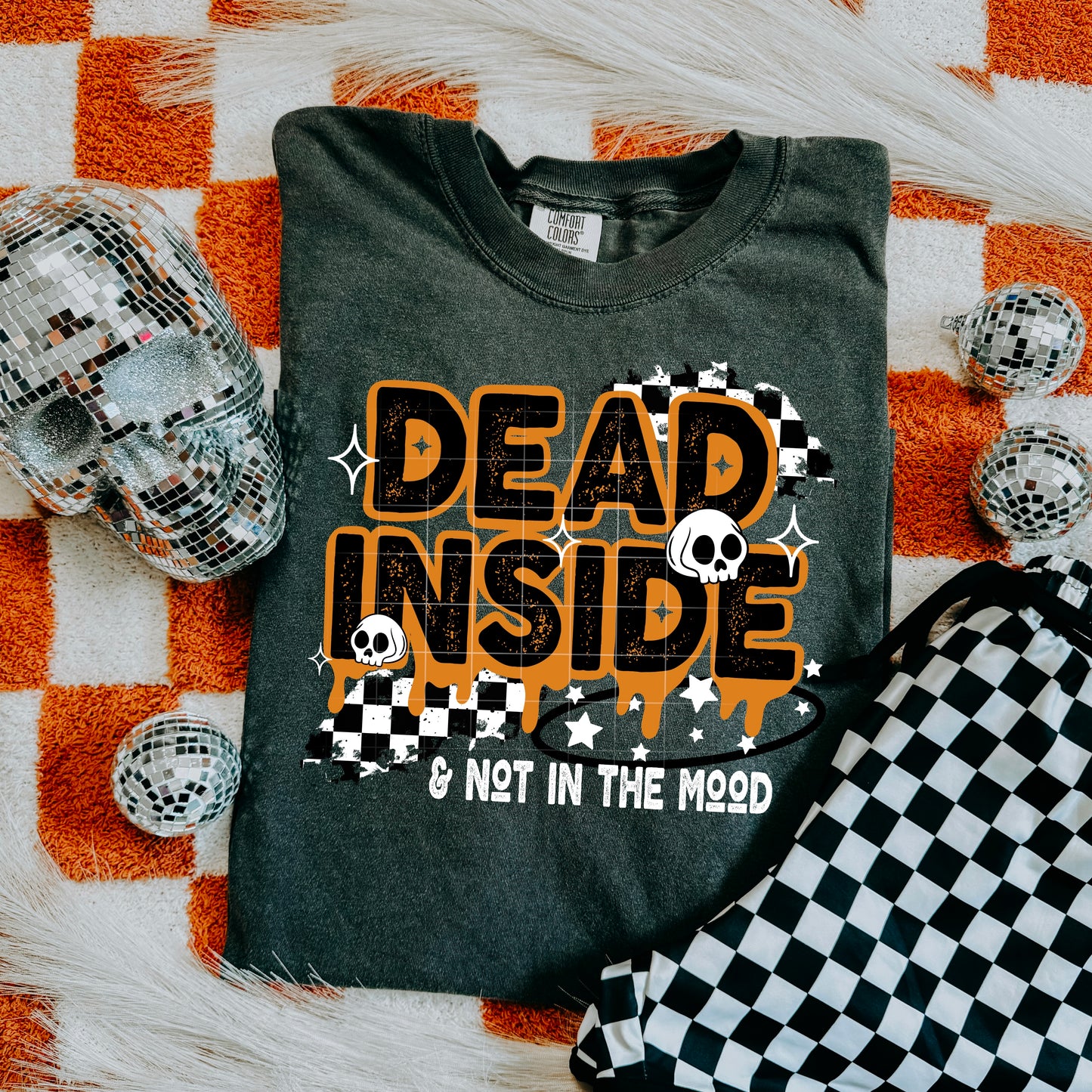 ✨ Dead Inside & Not in the Mood Checkered Skull Tee 🖤💀🧡