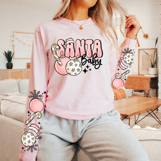 ✨ Santa Baby Pink Christmas Long Sleeve with cute festive Sleeves 🎀🎄💖