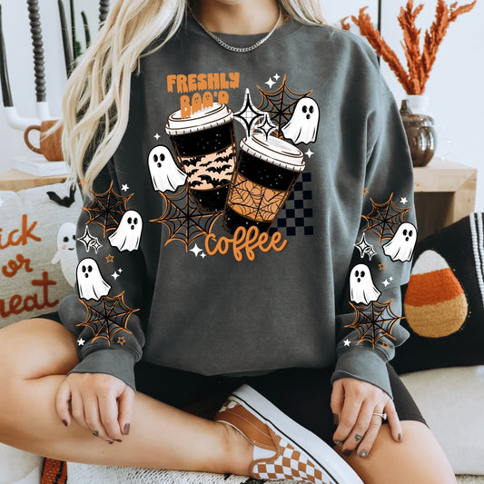 Freshly Boo'd Coffee Halloween Sweatshirt | Ghost Coffee Lover Crewneck | Spooky Coffee Pullover | Cute Ghost Halloween Sweatshirt | Fall Coffee Crewneck | Cozy Spooky Season Sweatshirt | Halloween Coffee Gift 👻☕🕸️🦇🎃✨