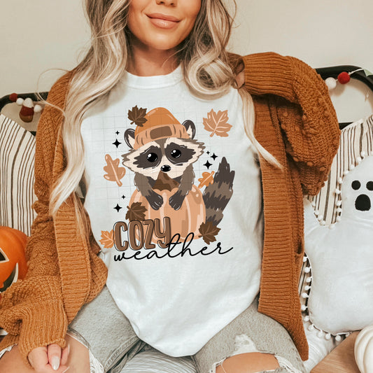 “Cozy Weather Raccoon” Fall Graphic Tee 🍂🦝