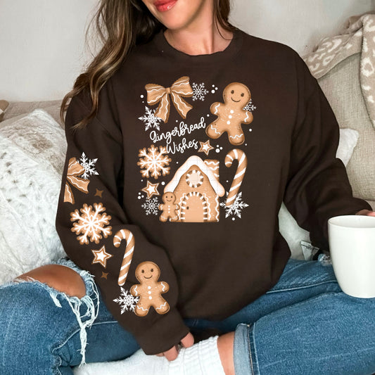 🍪✨ Gingerbread Wishes Christmas Sweatshirt with cute Sleeves 🎄🤎