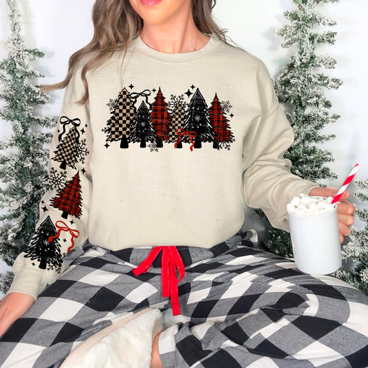 Plaid & Checkered Christmas Tree Sweatshirt 🎄🖤❤️ Cozy Holiday Crewneck
