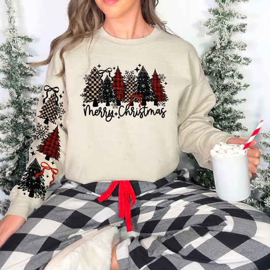 🎄🖤 Merry Christmas Checkerboard Trees Sweatshirt with cute Sleeves ❤️✨