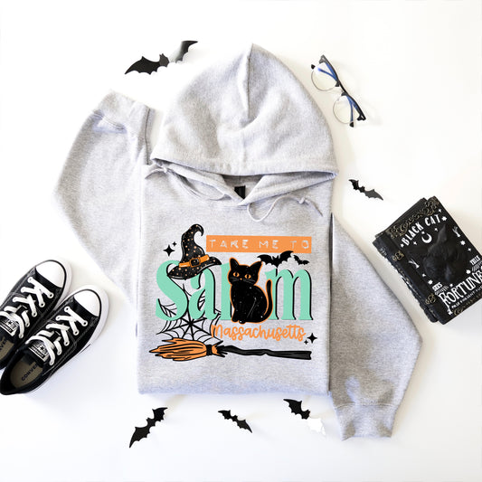 Take Me to Salem Massachusetts Hoodie | Salem Witch Hoodie | Black Cat Halloween Sweatshirt | Salem Travel Souvenir | Spooky Season Hoodie | Halloween Gift for Her 🧙‍♀️🐈⬛🧹