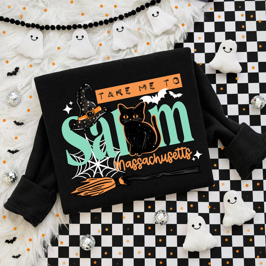 Take Me to Salem Massachusetts Black Cat Halloween Crewneck 🐈‍⬛🎃