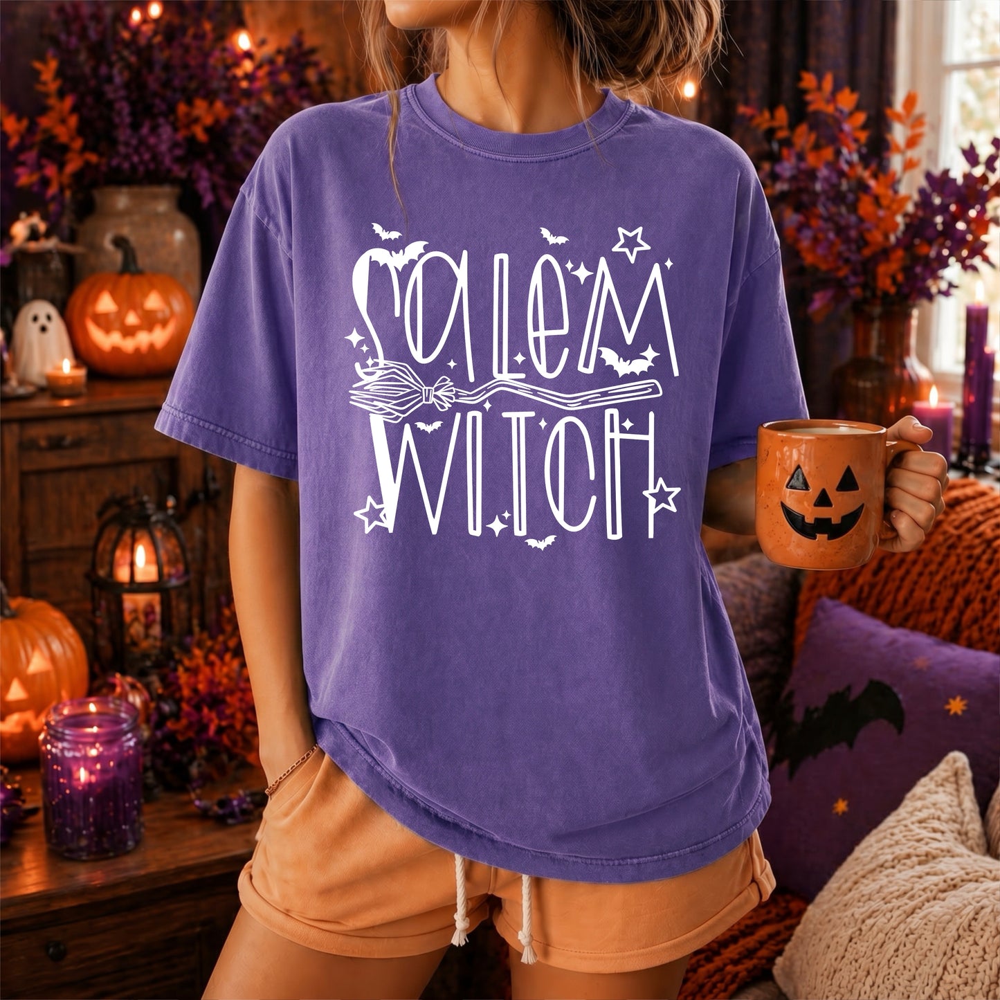 Salem Witch Halloween Shirt | Cute Witchy Fall Graphic Tee | Spooky Season T-Shirt | Halloween Pumpkin & Bats Shirt | Cozy Autumn Unisex Tee 🎃🧙‍♀️🦇