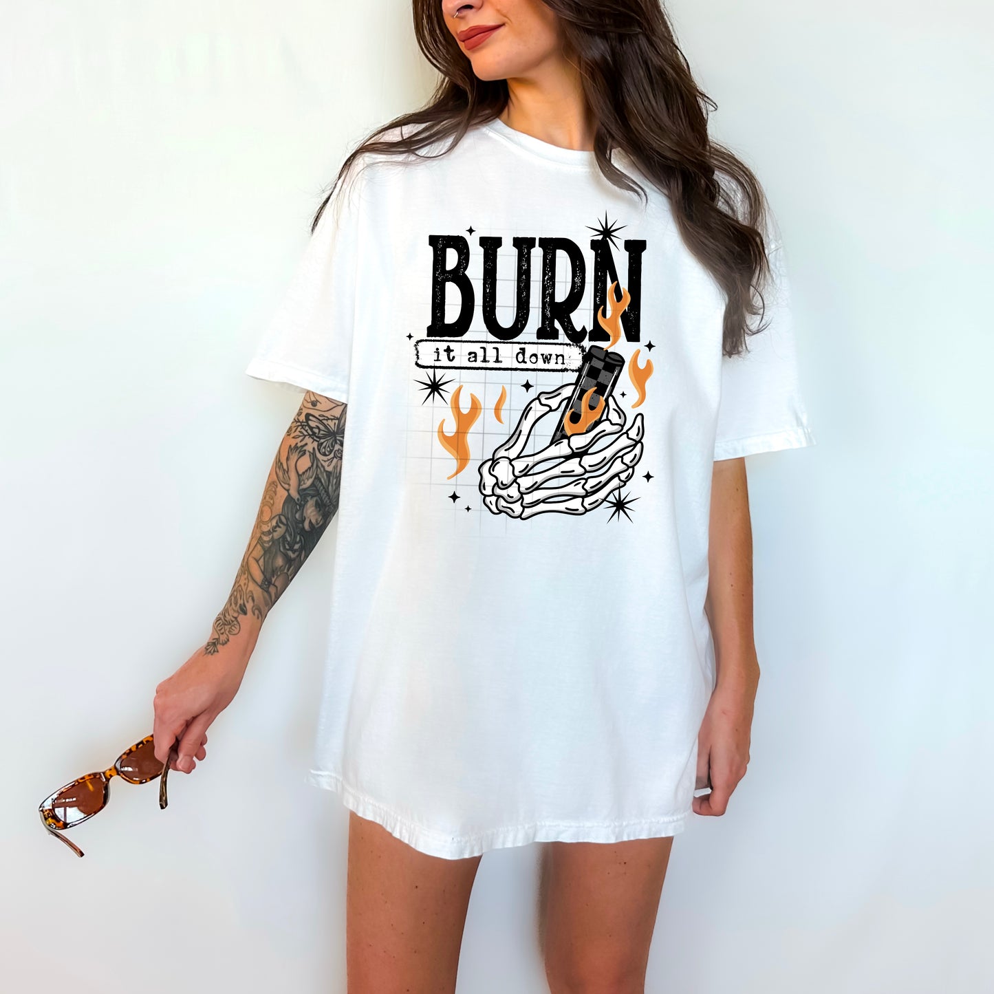 Burn It All Down Graphic Tee – Edgy Skeleton Hand Fire Shirt