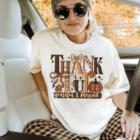 Thankful Grateful & Blessed Graphic Tee – Cute Fall Thanksgiving Shirt