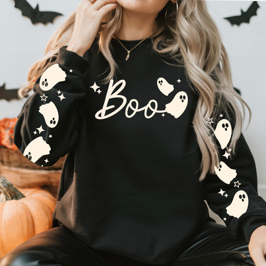BOO Halloween Sweatshirt | Ghost & Spider Web Crewneck | Cute Ghost Halloween Pullover | Spooky Season Sweatshirt | Bat Sleeve Crewneck | Cozy Fall Sweatshirt | Halloween Ghost Lover Gift 👻🦇🕸️🎃✨