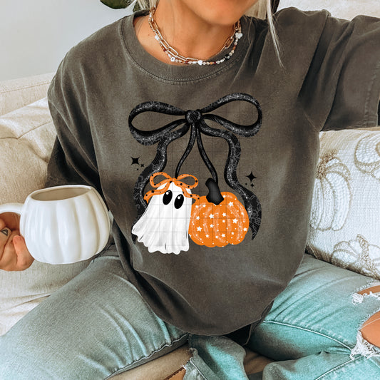 🎀 Cute Ghost & Pumpkin Bow Sweatshirt 👻🎃✨